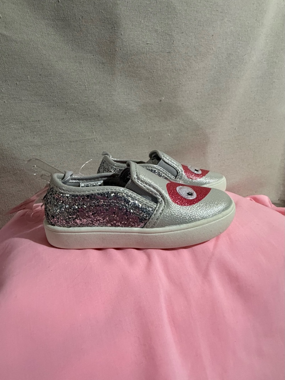 Carter's Silver Glitter Slip-On Sneakers with Pink Heart Detail